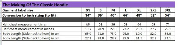 Classic Hoodies Size Chart